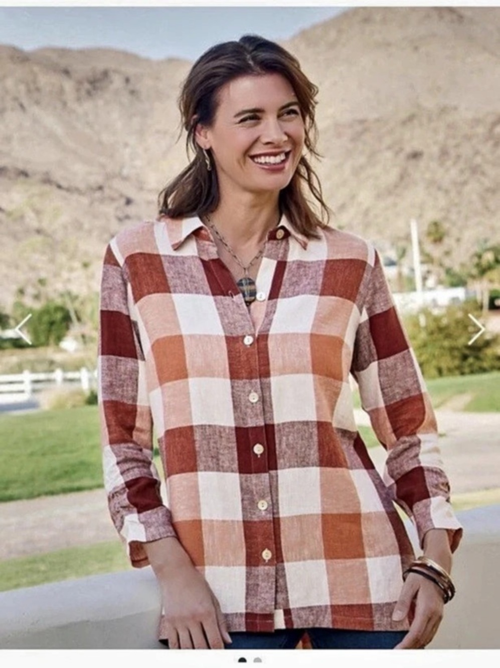 Soft Surroundings Carreaux Plaid Linen Blend Shirt Plaid Button Dn Shirt L 14/16
